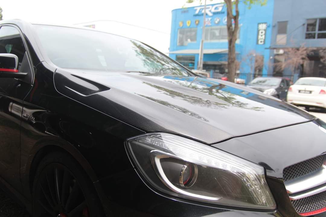 Mercedes A200 A250 A45 W176 Installed Revozport Style Carbon Bonnet Hood