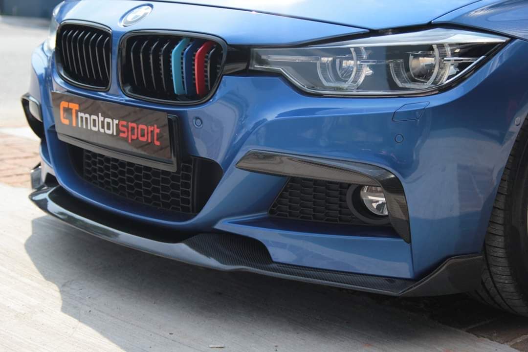 BMW F30 3 Series Installed MAD Fang Style Carbon Fiber Front Lip