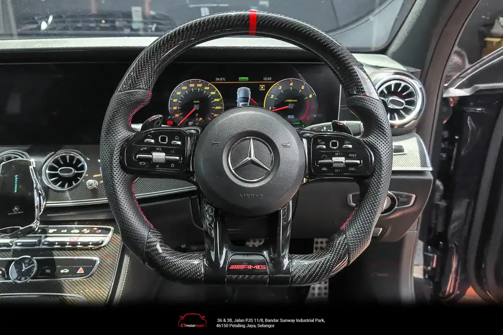 Mercedes Benz AMG Performance Steering with Carbon Fiber Trim Red Stitcing and red center Marker